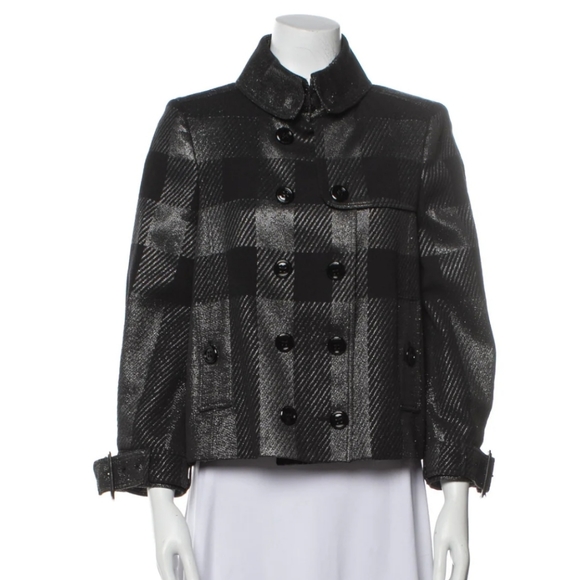 Burberry Metallic Check Pea Coat Jacket Size 8 - Picture 1 of 10